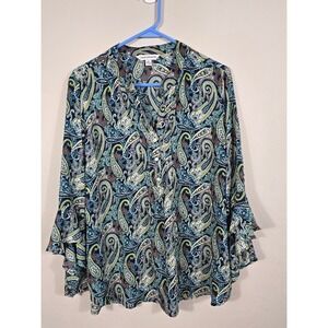 Counterparts Paisley Blouse Bell Sleeve Button‎ Down Top XL